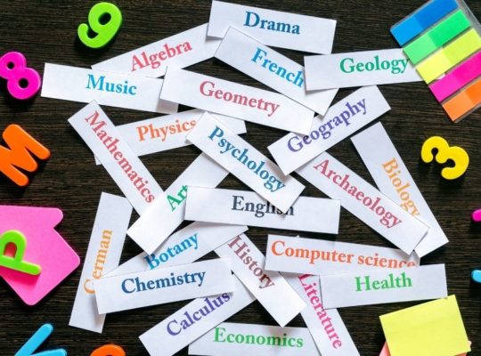 pieces of paper with school subjects listed like algebra, English, chemistry