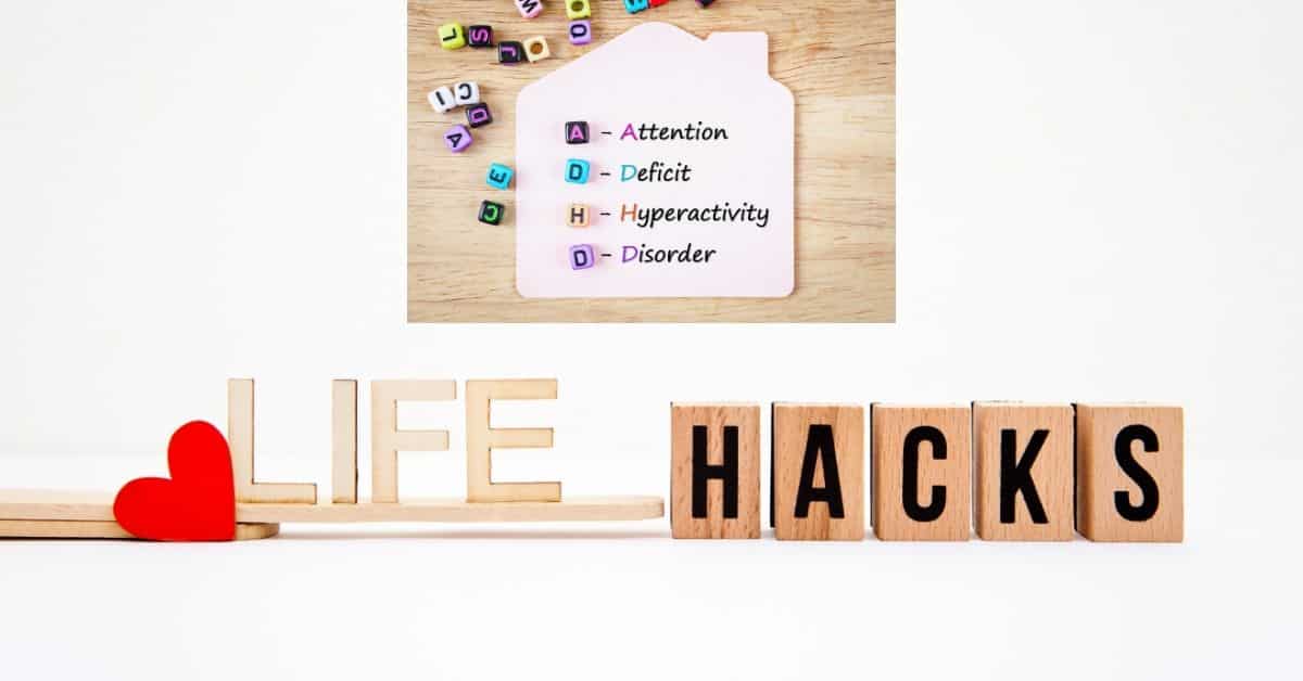 blocks spelling ADHD and defining as attention deficit hyperactivity disorder. bottom block spell life hacks.