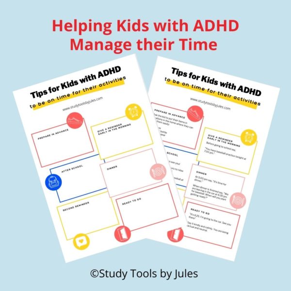 Helping kids with ADHD manage their time. Free printable ADHD worksheet. Download at Study Tools by Jules.