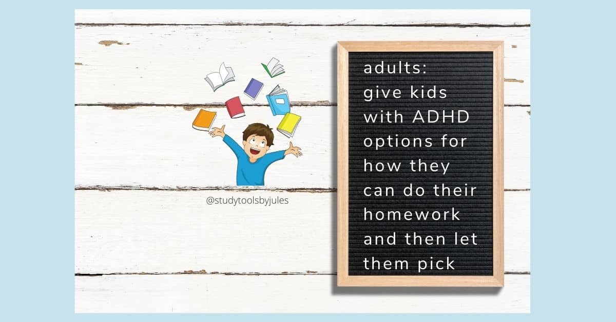 Image of a kids throwing their books into the air. Text on the letter board reads, "adults: give kids with ADHD options for how they can do their homework and let them pick"