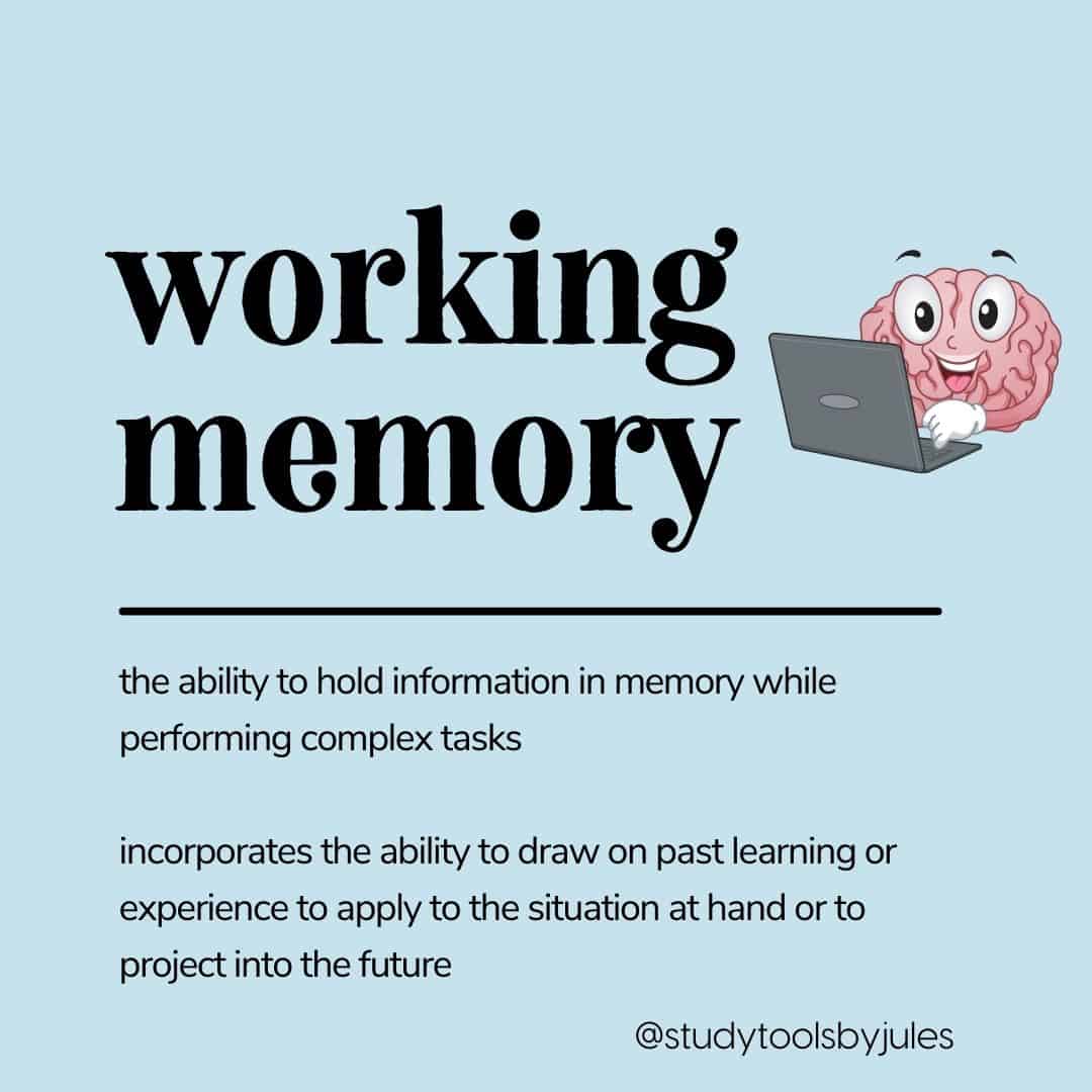 Working memory. the ability to hold information in memory while performing complex tasks incorporates the ability to draw on past learning or experience to apply to the situation at hand or to project into the future. Study Tools by Jules.