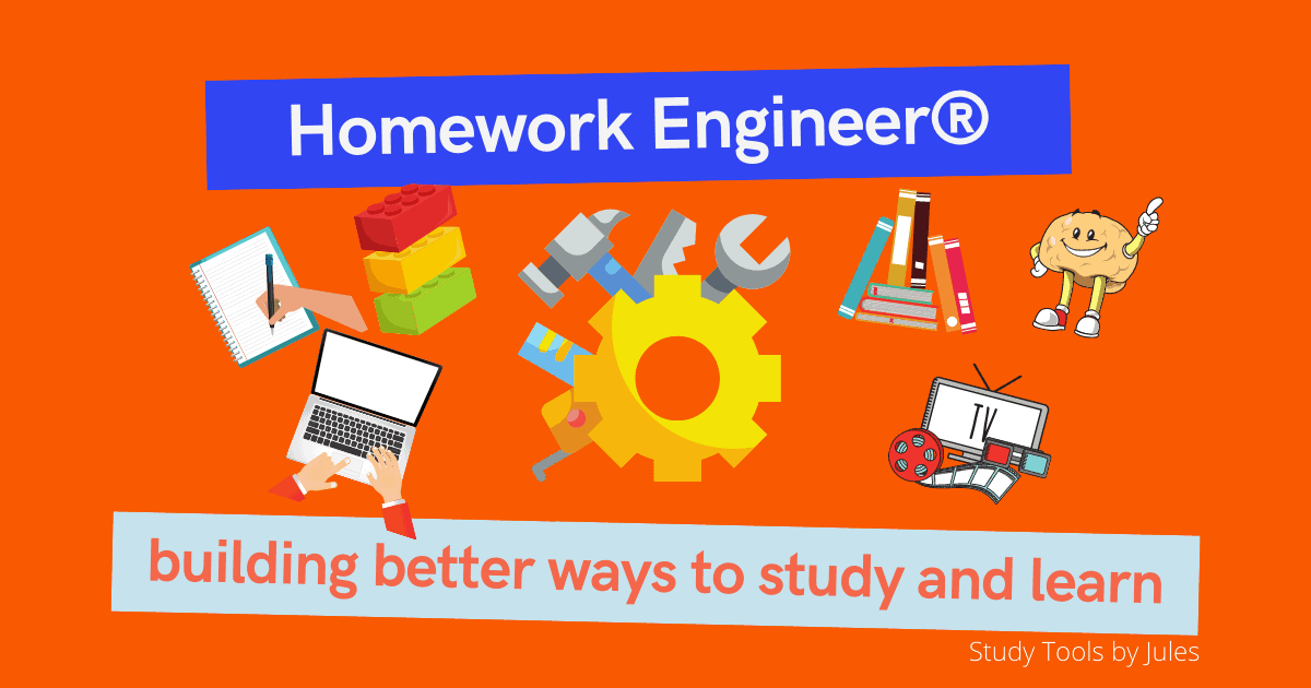Homework Engineer. Building better ways to study and learn. Images of a notepad, laptop, legos, gears and tools, books, a tv, and a brain.